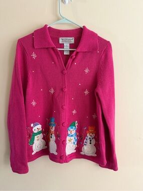 Women's Bright Pink Snowman Button-Up Cardigan Sweater